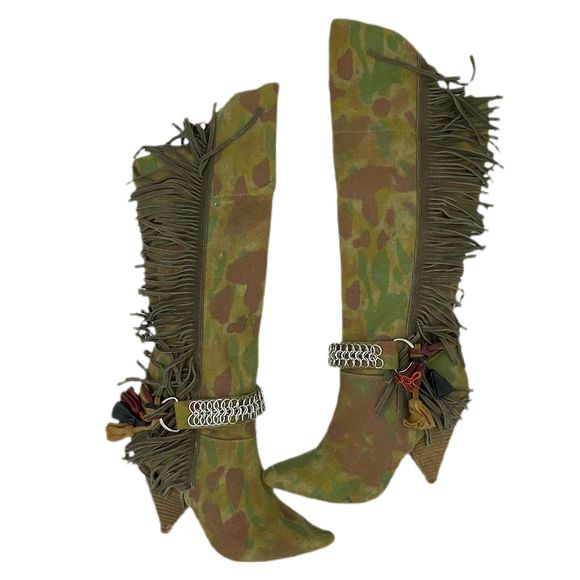 ZIGIny Shoes - ZIGIny Camouflage Fringe Tassel Seam Tall Cone Stacked Heel Boot 37 Green Brown